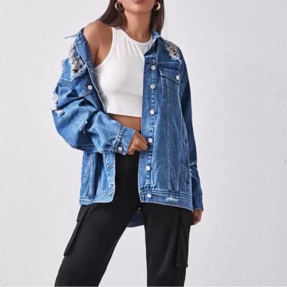 SHEIN Distressed Blue Jean Jacket - Picture 3 of 5